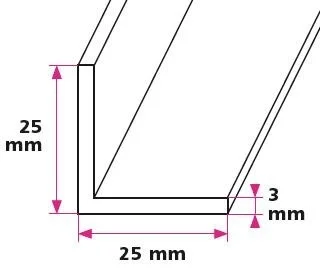 25 x 25 x 3 mm. vinkelprofil - u/huller