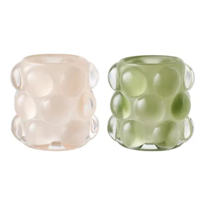 Lysestage i glas. Beige og grøn.